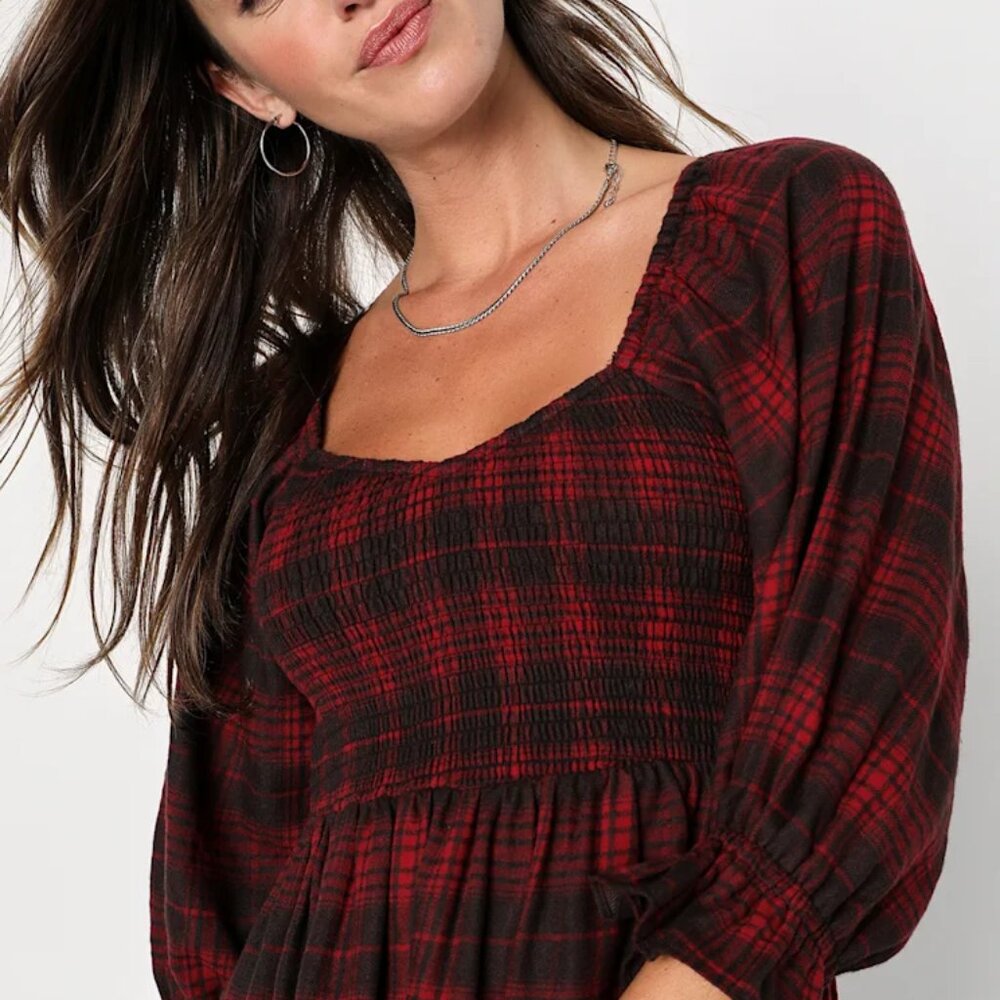Lulus - No One Cuter Red and Black Plaid Puff Sleeve Tiered Mini Dress - Size S - Picture 4 of 7
